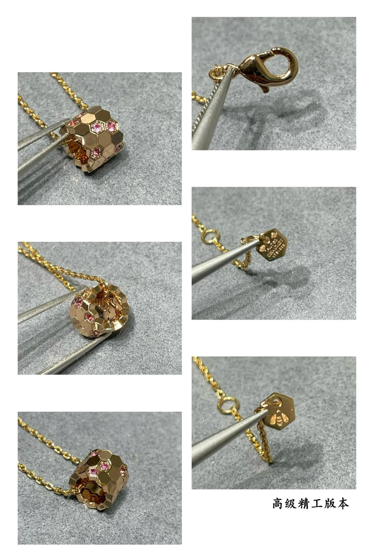 Gold Silver Faceted Hexagonal Pendant Pavé-Set Gemstones Necklace 4