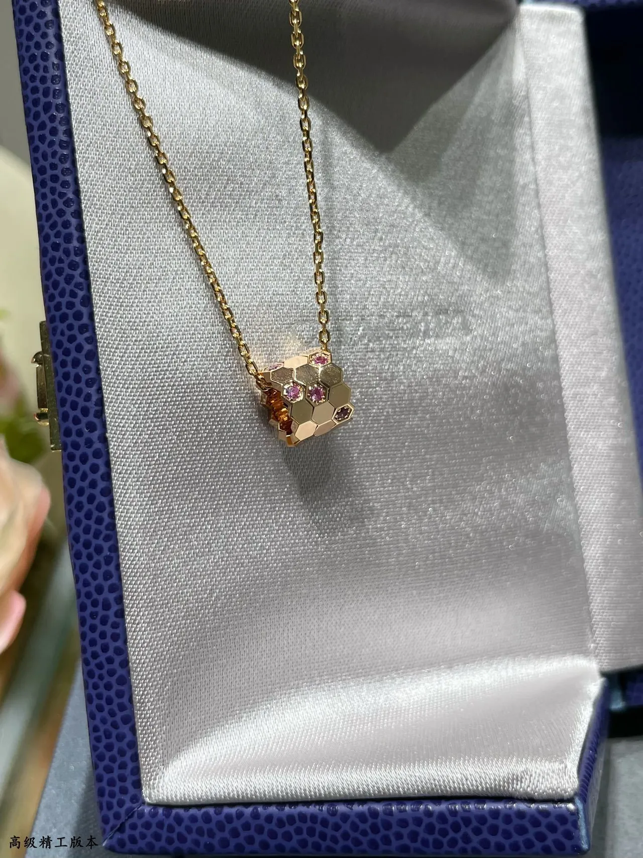 Gold Silver Faceted Hexagonal Pendant Pavé-Set Gemstones Necklace 5