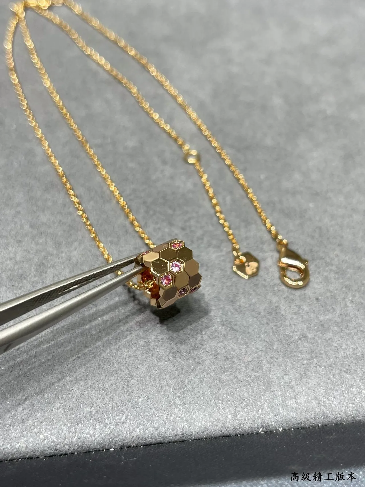 Gold Silver Faceted Hexagonal Pendant Pavé-Set Gemstones Necklace 7