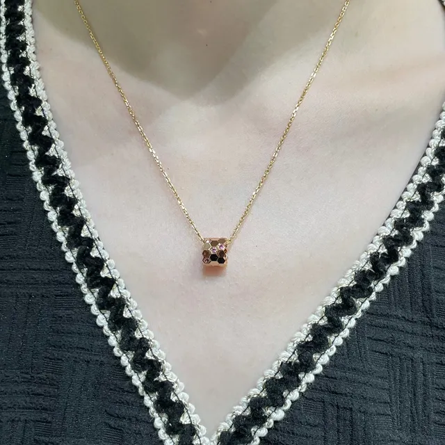 Gold Silver Faceted Hexagonal Pendant Pavé-Set Gemstones Necklace 8