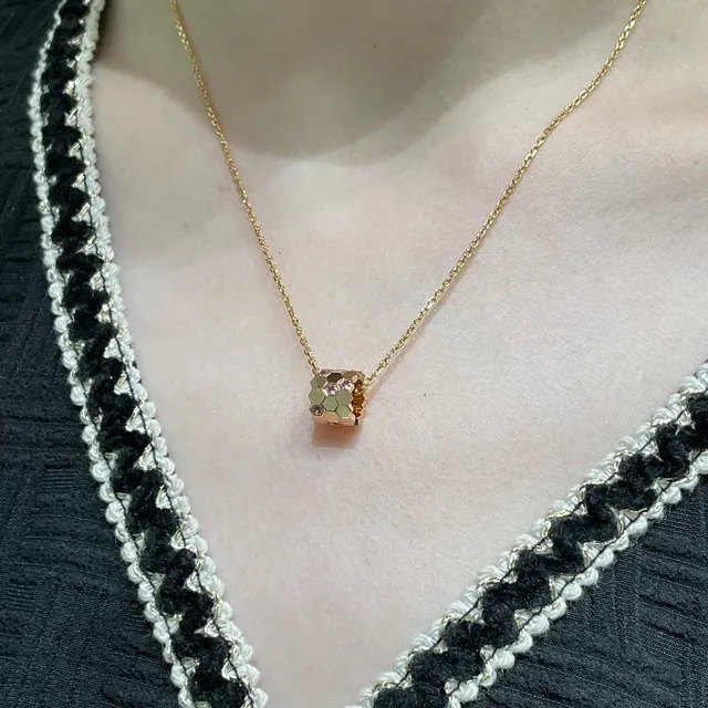 Gold Silver Faceted Hexagonal Pendant Pavé-Set Gemstones Necklace 9