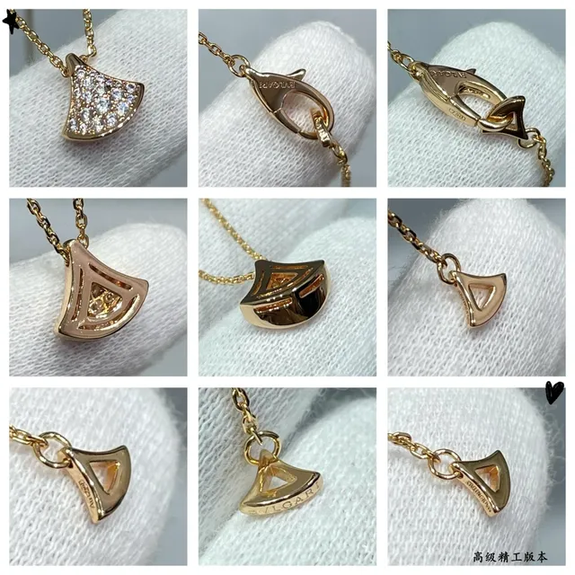 Gold Silver Fan-Shaped Pendant Pavé-Set Stones Necklace 4
