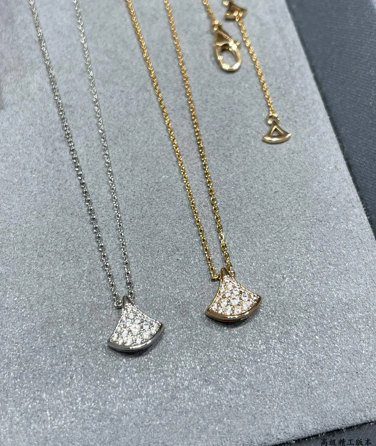 Gold Silver Fan-Shaped Pendant Pavé-Set Stones Necklace 7