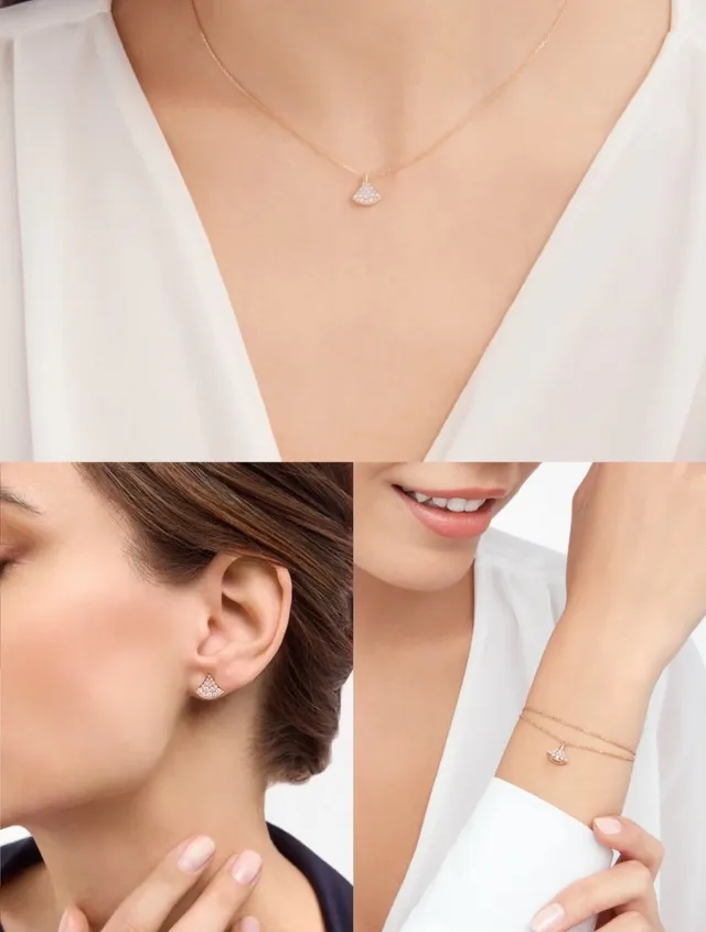 Gold Silver Fan-Shaped Pendant Pavé-Set Stones Necklace 8