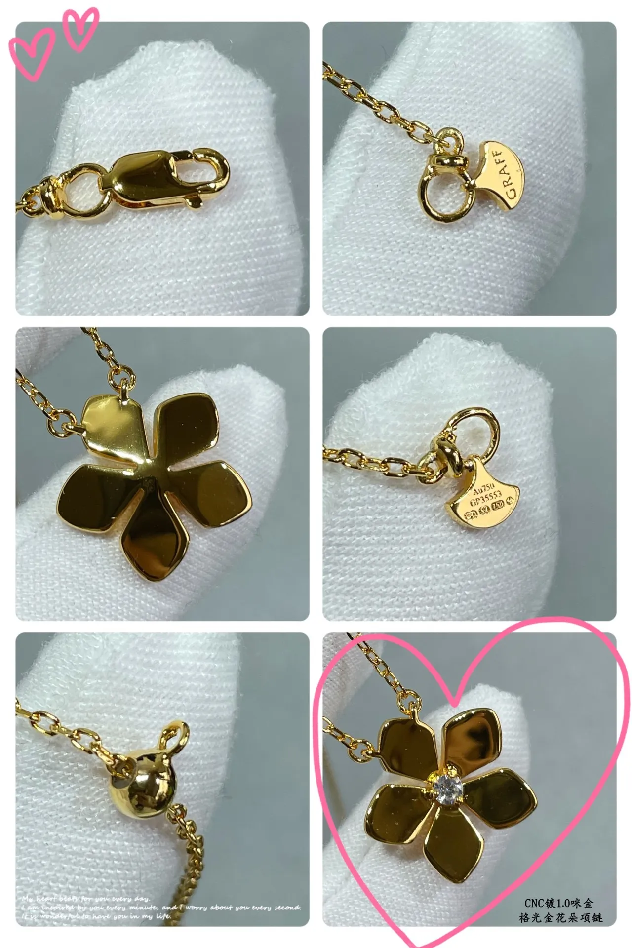 Gold Silver Five-Petal Flower Pendant Central Clear Gemstone Necklace 5