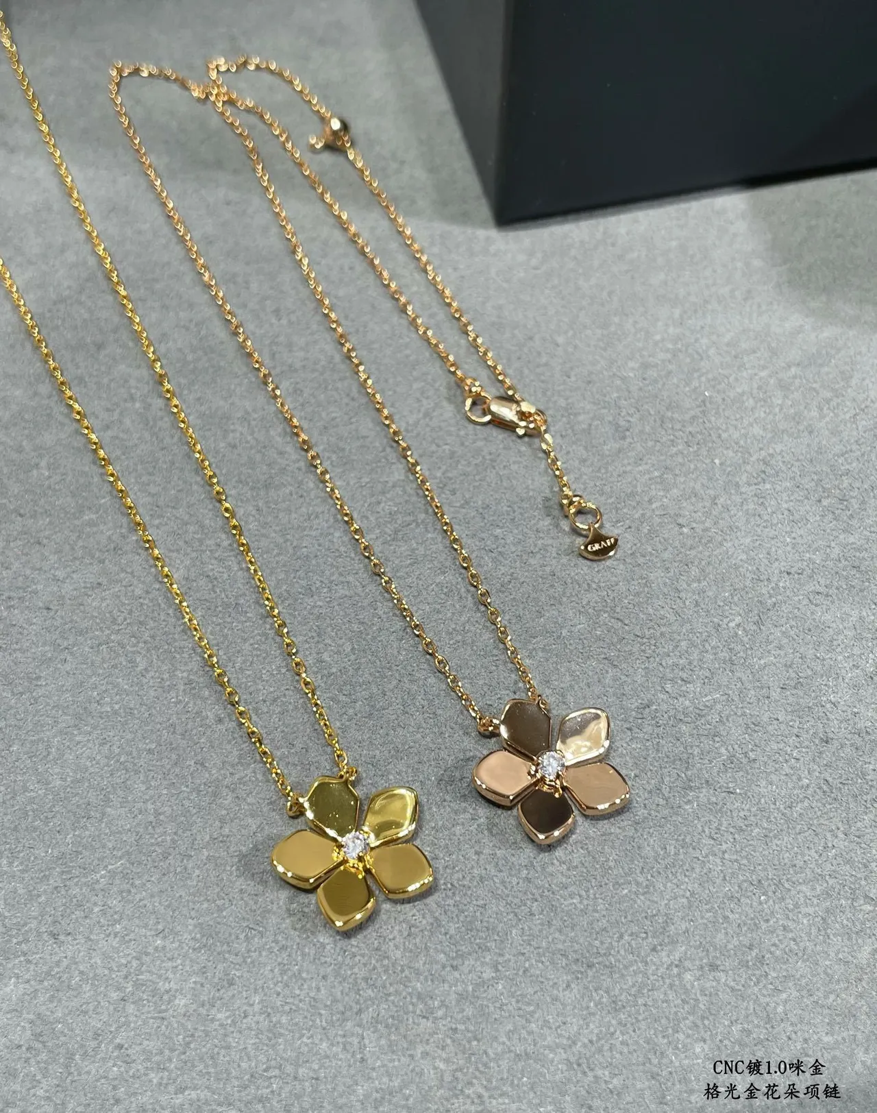 Gold Silver Five-Petal Flower Pendant Central Clear Gemstone Necklace 6