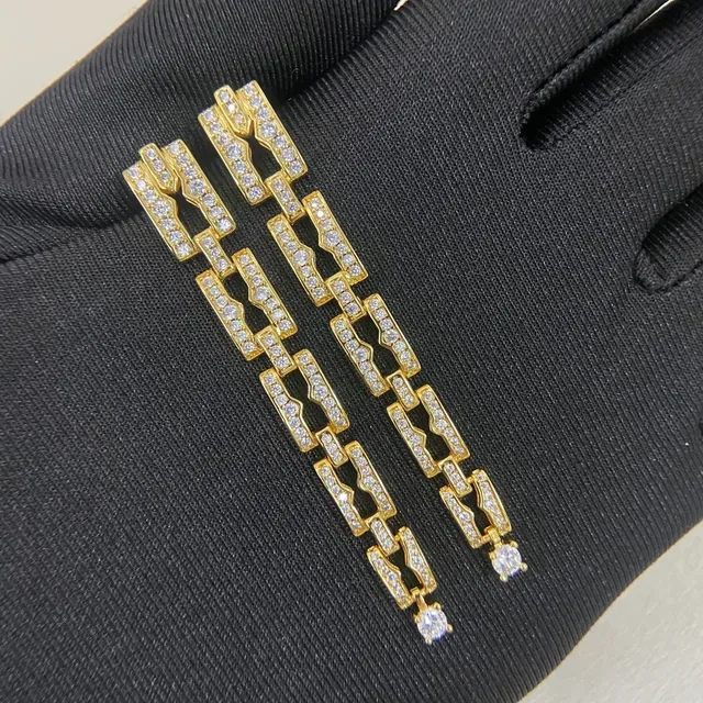Gold Silver Geometric Linked Pavé-Set Earrings 5