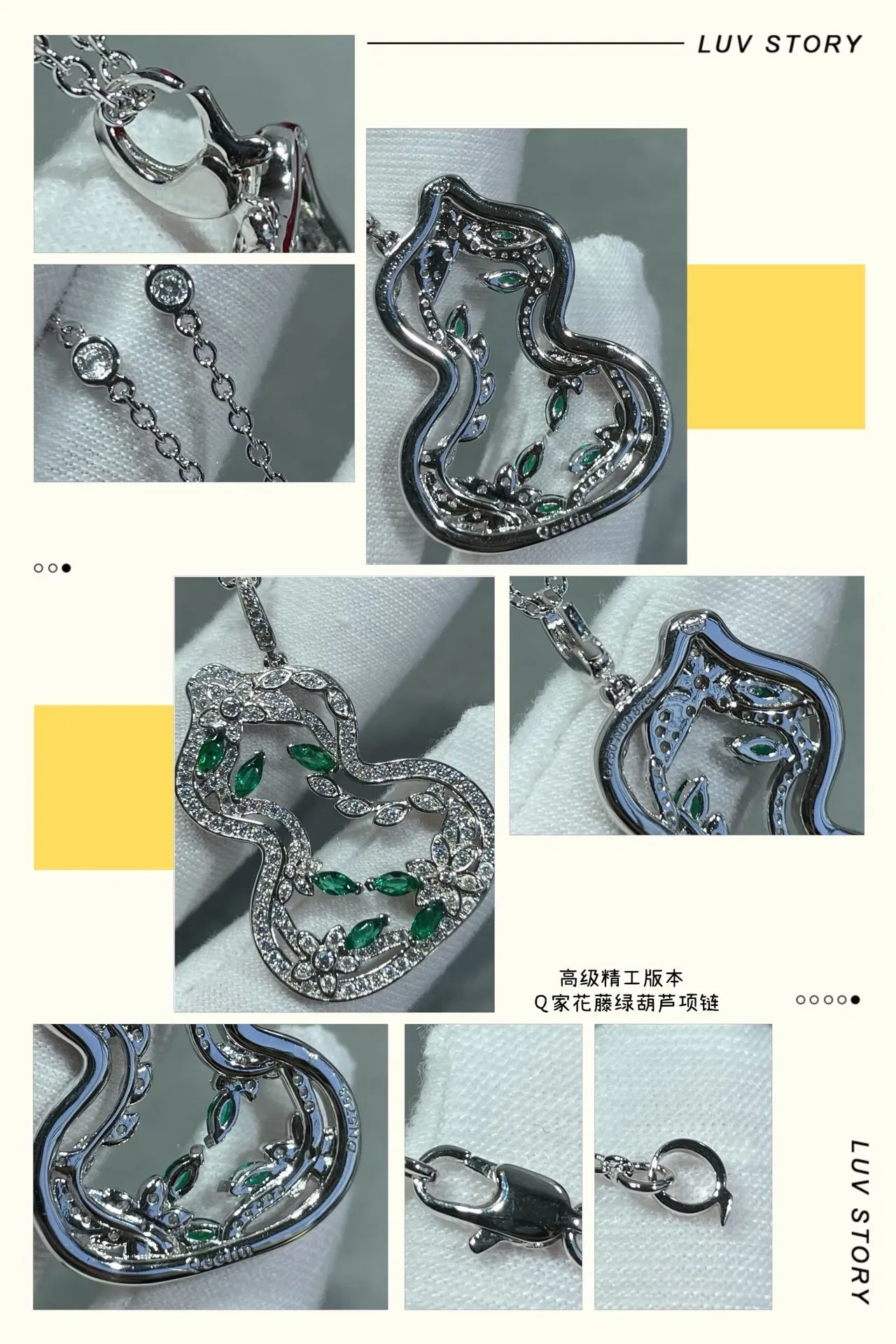 Gold Silver Gourd-Shaped Pendant Pavé-Set White Stones Necklace 6