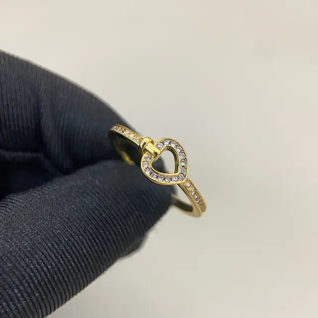 Gold Silver Heart-Shaped Open Outline Pavé-Set Stones Ring 5