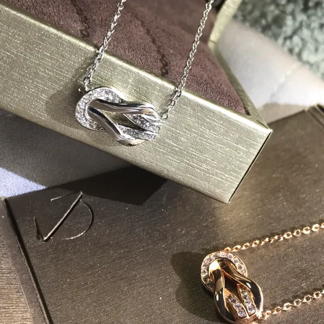 Gold Silver Knot-Shaped Pendant Pavé-Set Stones Necklace 2