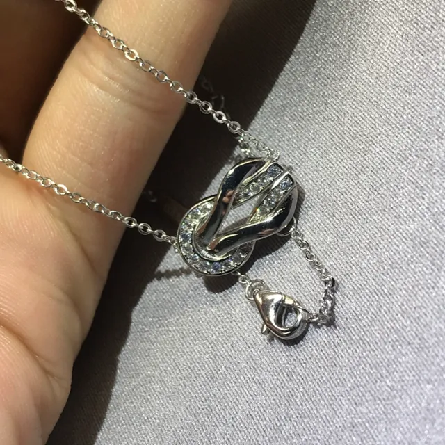Gold Silver Knot-Shaped Pendant Pavé-Set Stones Necklace 3