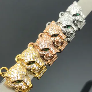 Oro Plata Motivo Cabeza de Pantera Pavé-Set Piedras Claras Pulsera