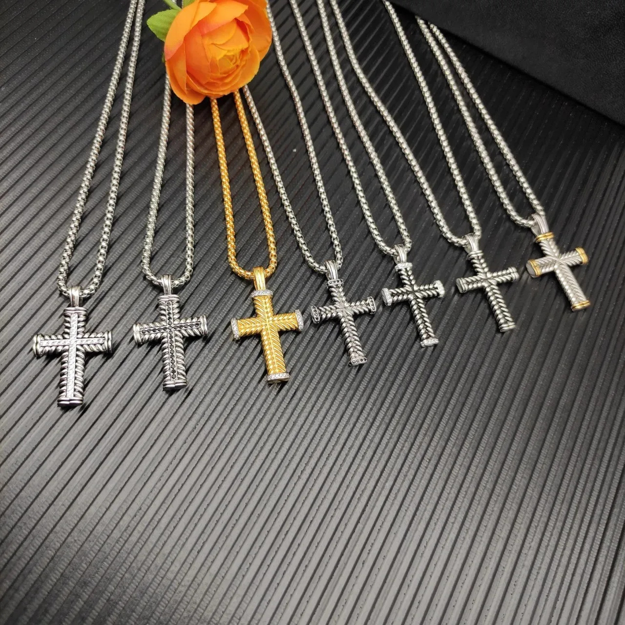 Gold Silver Rope-Textured Cross Pavé-Set Diamond Terminals Necklace 2