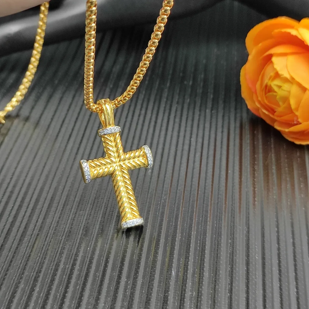 Gold Silver Rope-Textured Cross Pavé-Set Diamond Terminals Necklace 5