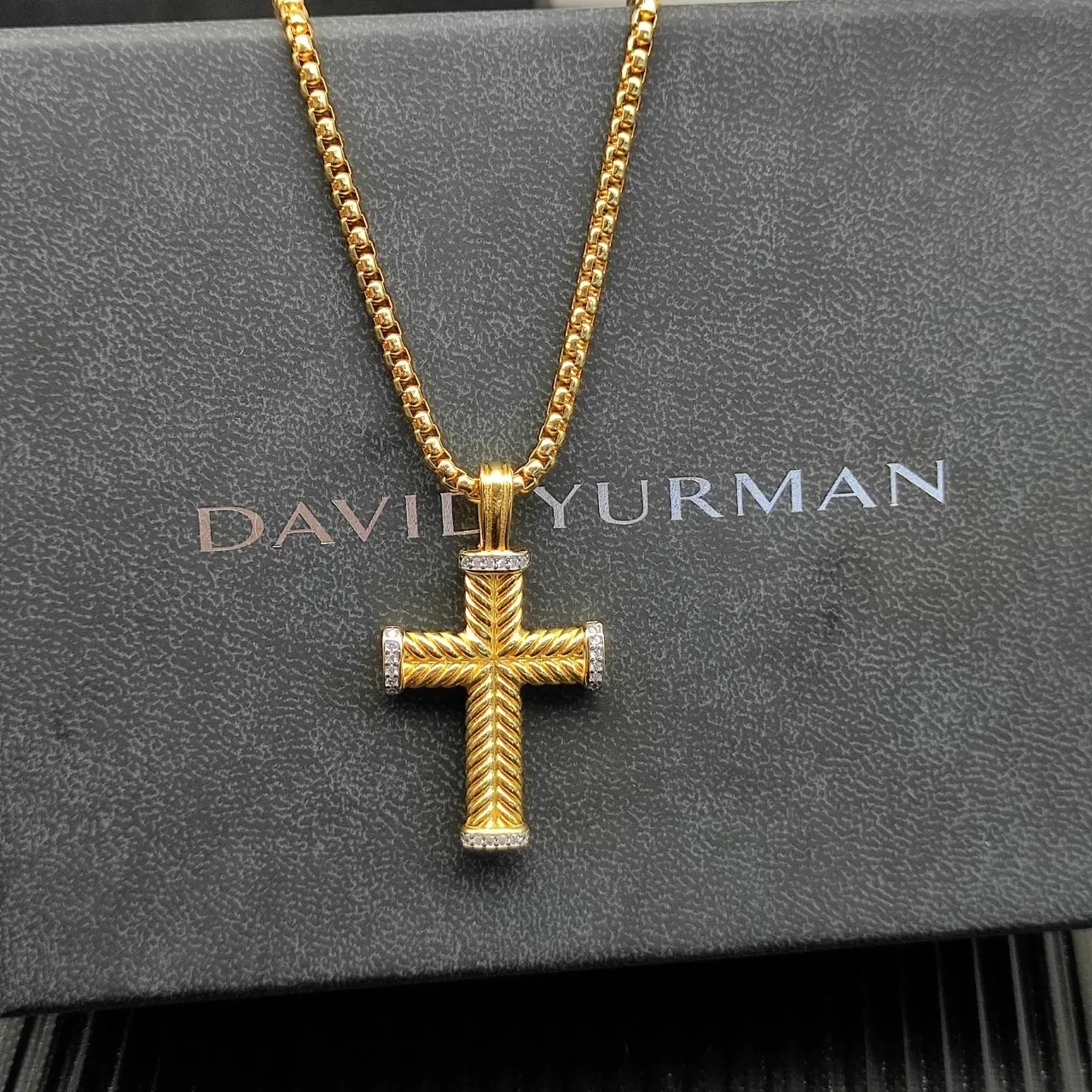 Gold Silver Rope-Textured Cross Pavé-Set Diamond Terminals Necklace 6