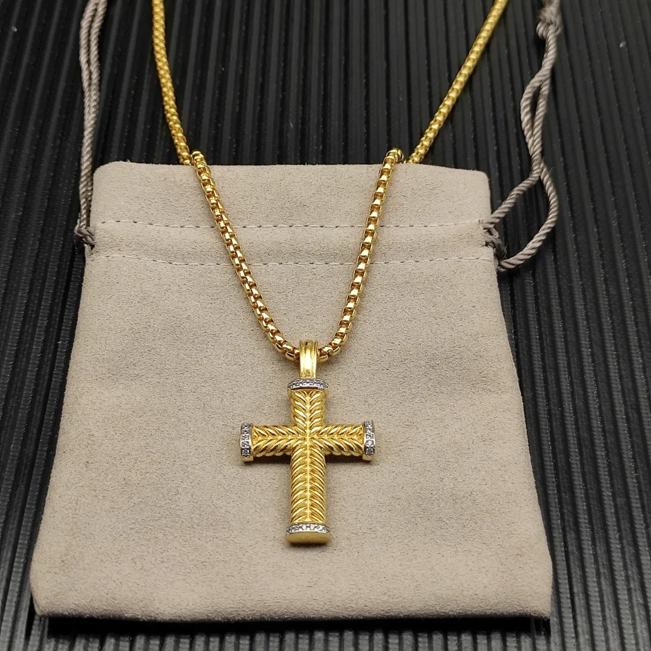 Gold Silver Rope-Textured Cross Pavé-Set Diamond Terminals Necklace 8