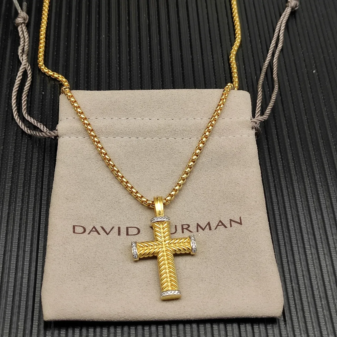 Gold Silver Rope-Textured Cross Pavé-Set Diamond Terminals Necklace 9
