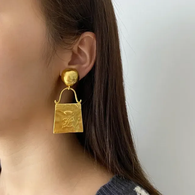 Gold-Tone Bag-Shaped Monogram Pendant Earrings 2