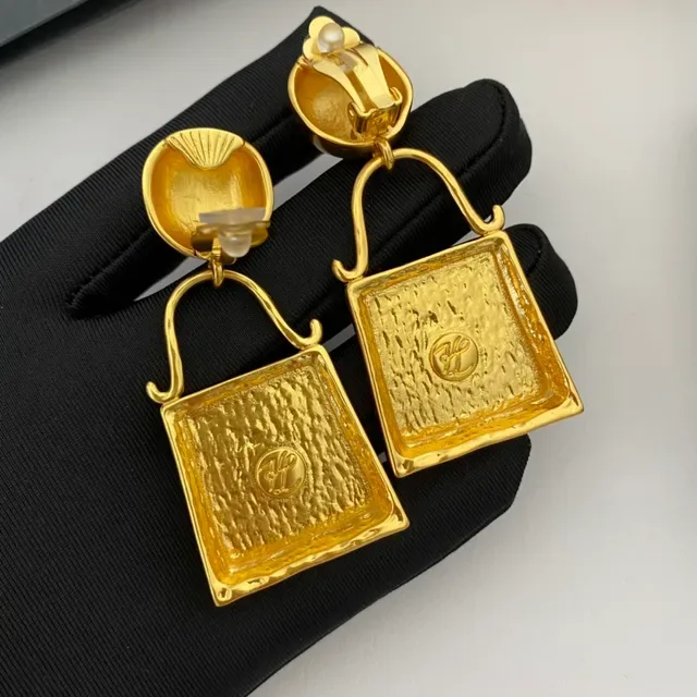 Gold-Tone Bag-Shaped Monogram Pendant Earrings 4