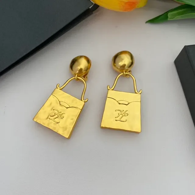 Gold-Tone Bag-Shaped Monogram Pendant Earrings 7