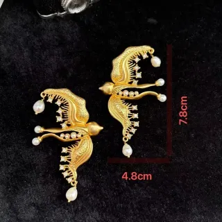 Gold-Tone Bird Filigree Pearl and Crystal Earrings