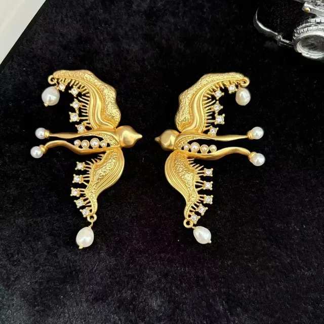 Gold-Tone Bird Filigree Pearl and Crystal Earrings 2