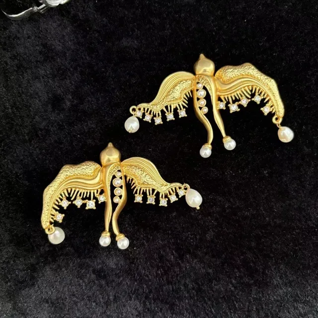 Gold-Tone Bird Filigree Pearl and Crystal Earrings 4