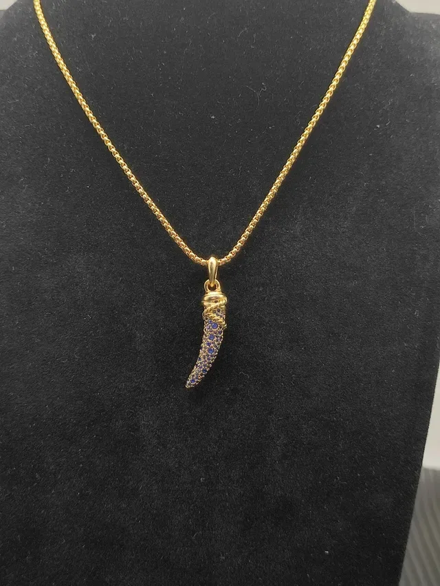 Gold-Tone Blue Pavé Horn Pendant Necklace 2