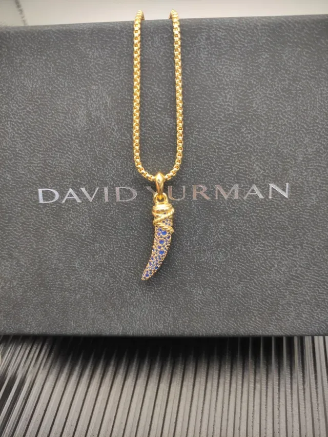 Gold-Tone Blue Pavé Horn Pendant Necklace 3