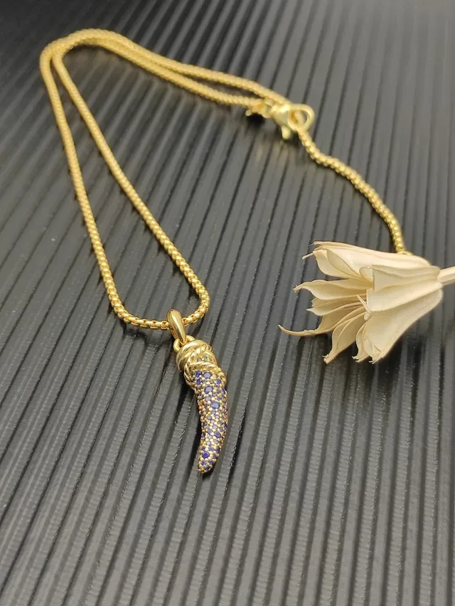 Gold-Tone Blue Pavé Horn Pendant Necklace 4