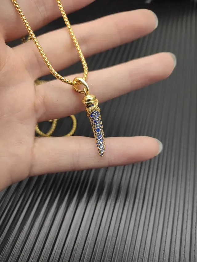 Gold-Tone Blue Pavé Horn Pendant Necklace 5
