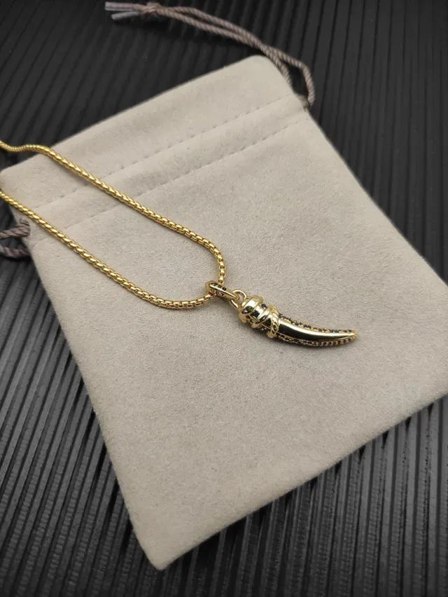 Gold-Tone Blue Pavé Horn Pendant Necklace 7