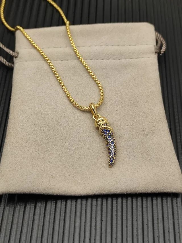 Gold-Tone Blue Pavé Horn Pendant Necklace 8