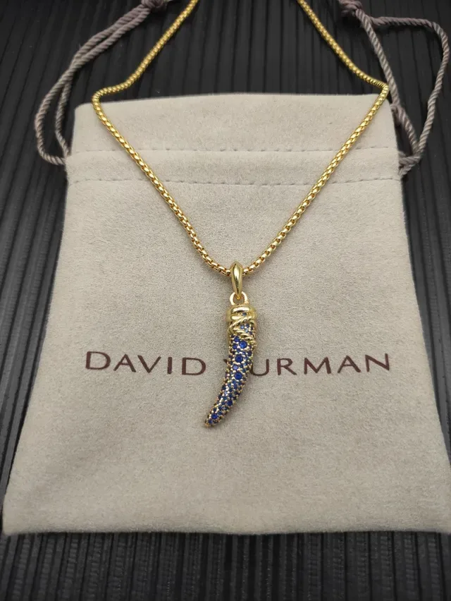 Gold-Tone Blue Pavé Horn Pendant Necklace 9
