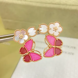 Gold-Tone Butterfly and Flower Motif Pink Red Enamel Earrings