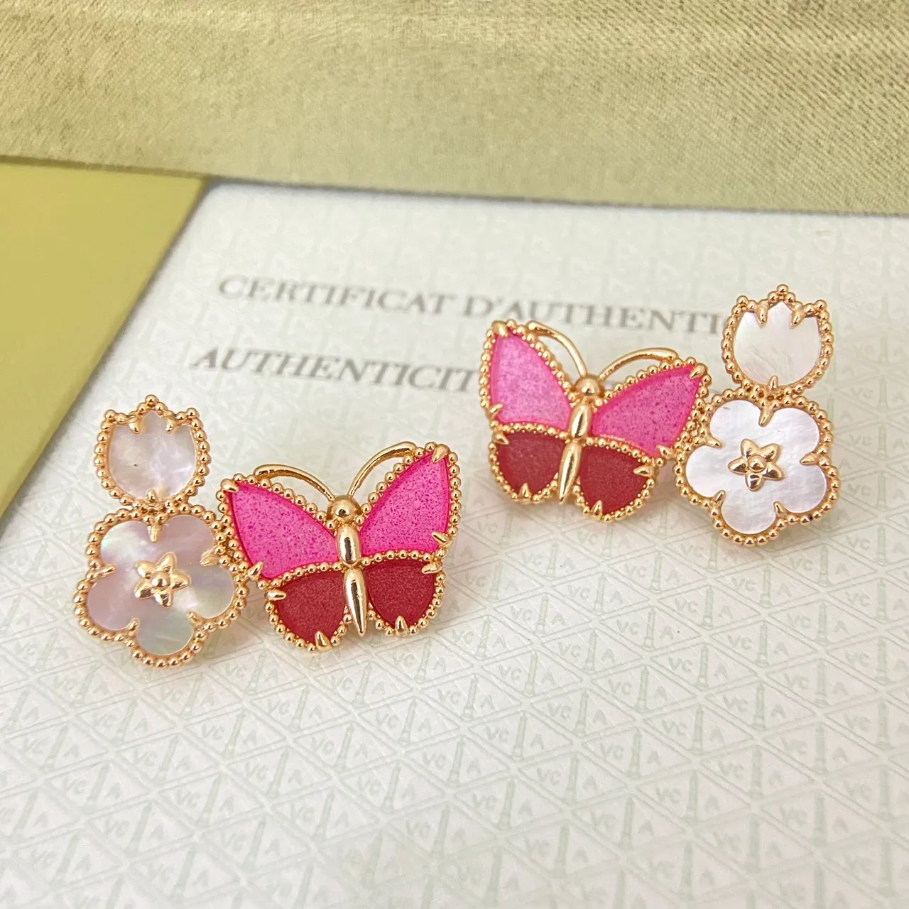 Gold-Tone Butterfly and Flower Motif Pink Red Enamel Earrings 3