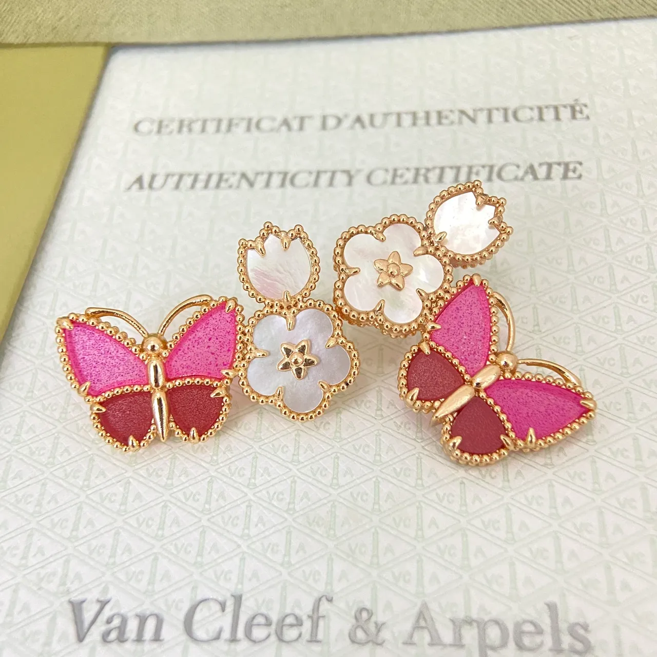 Gold-Tone Butterfly and Flower Motif Pink Red Enamel Earrings 4