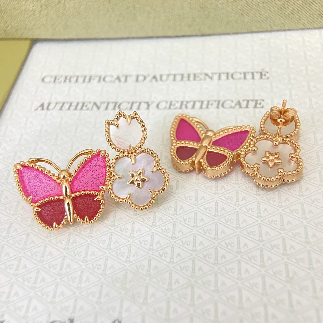 Gold-Tone Butterfly and Flower Motif Pink Red Enamel Earrings 5