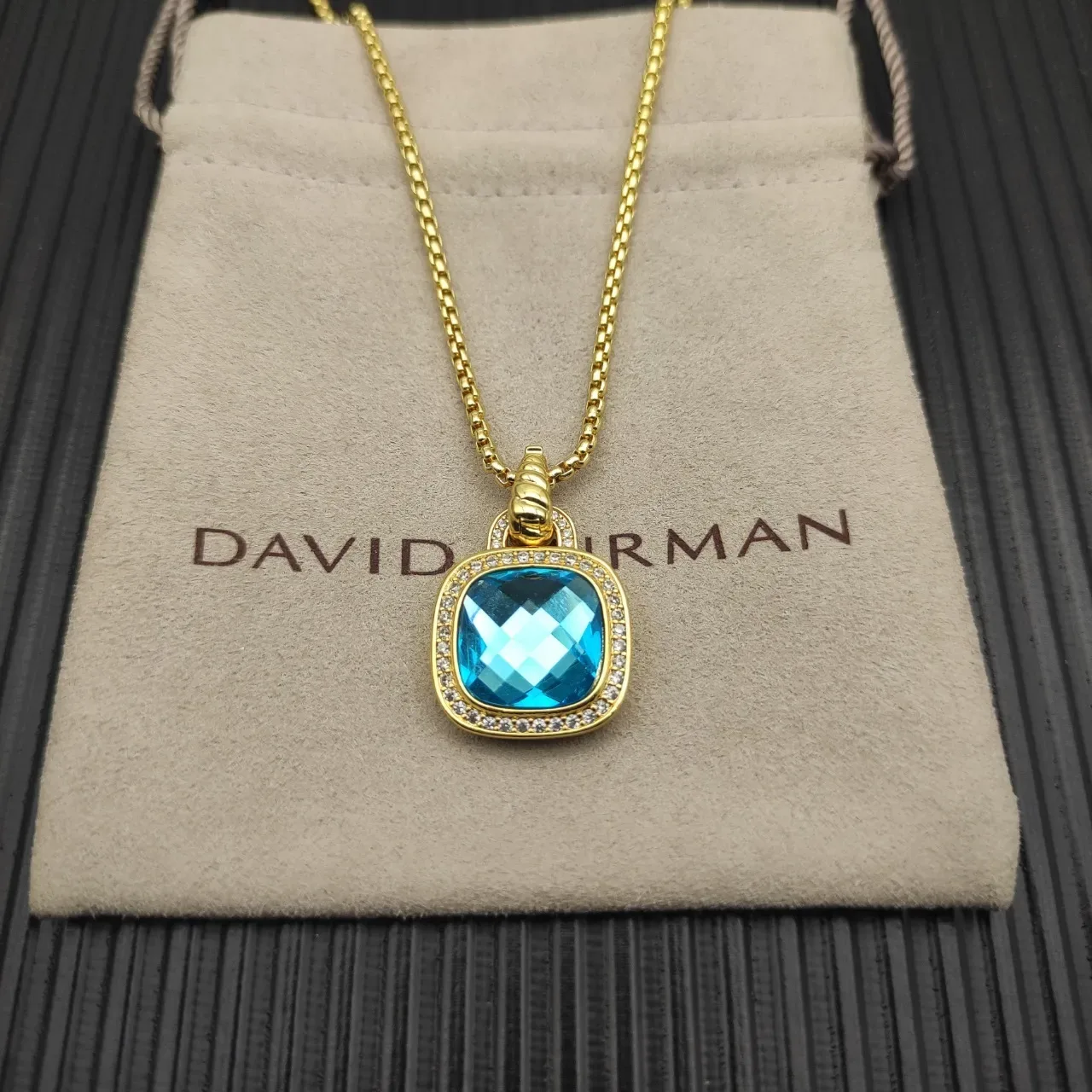 Gold-Tone Cushion-Cut Blue Gemstone Pavé Halo Pendant Necklace 5