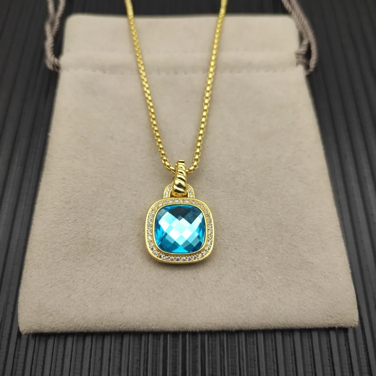 Gold-Tone Cushion-Cut Blue Gemstone Pavé Halo Pendant Necklace 6