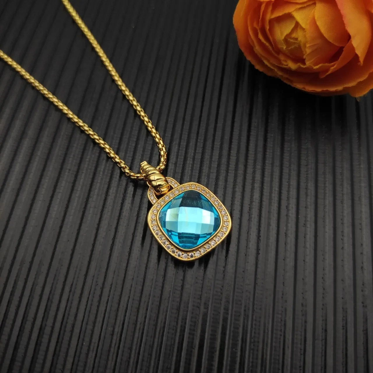 Gold-Tone Cushion-Cut Blue Gemstone Pavé Halo Pendant Necklace 7
