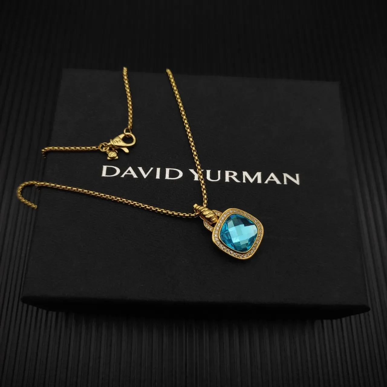 Gold-Tone Cushion-Cut Blue Gemstone Pavé Halo Pendant Necklace 9