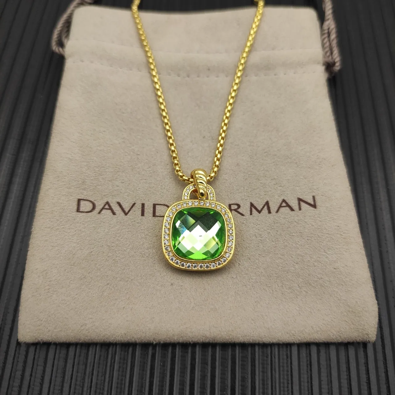 Gold-Tone Cushion-Cut Green Stone Halo Pendant Necklace 5