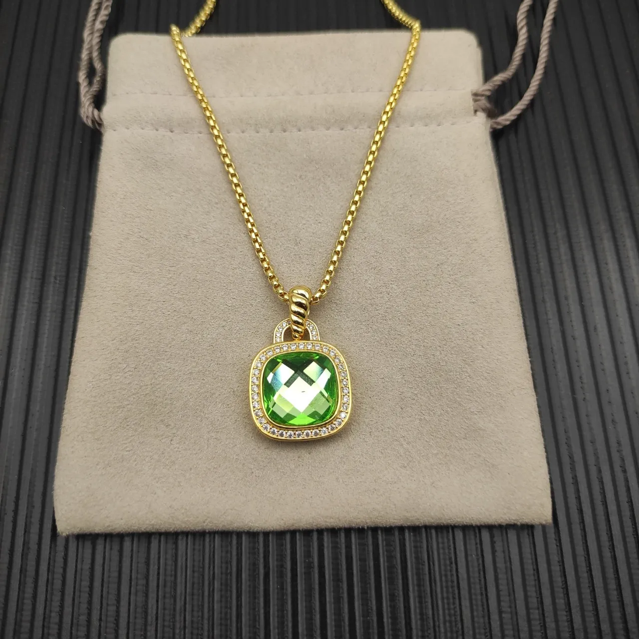 Gold-Tone Cushion-Cut Green Stone Halo Pendant Necklace 6