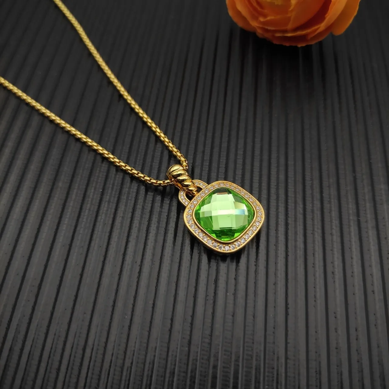 Gold-Tone Cushion-Cut Green Stone Halo Pendant Necklace 7