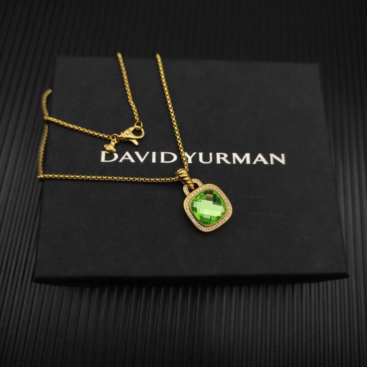 Gold-Tone Cushion-Cut Green Stone Halo Pendant Necklace 9