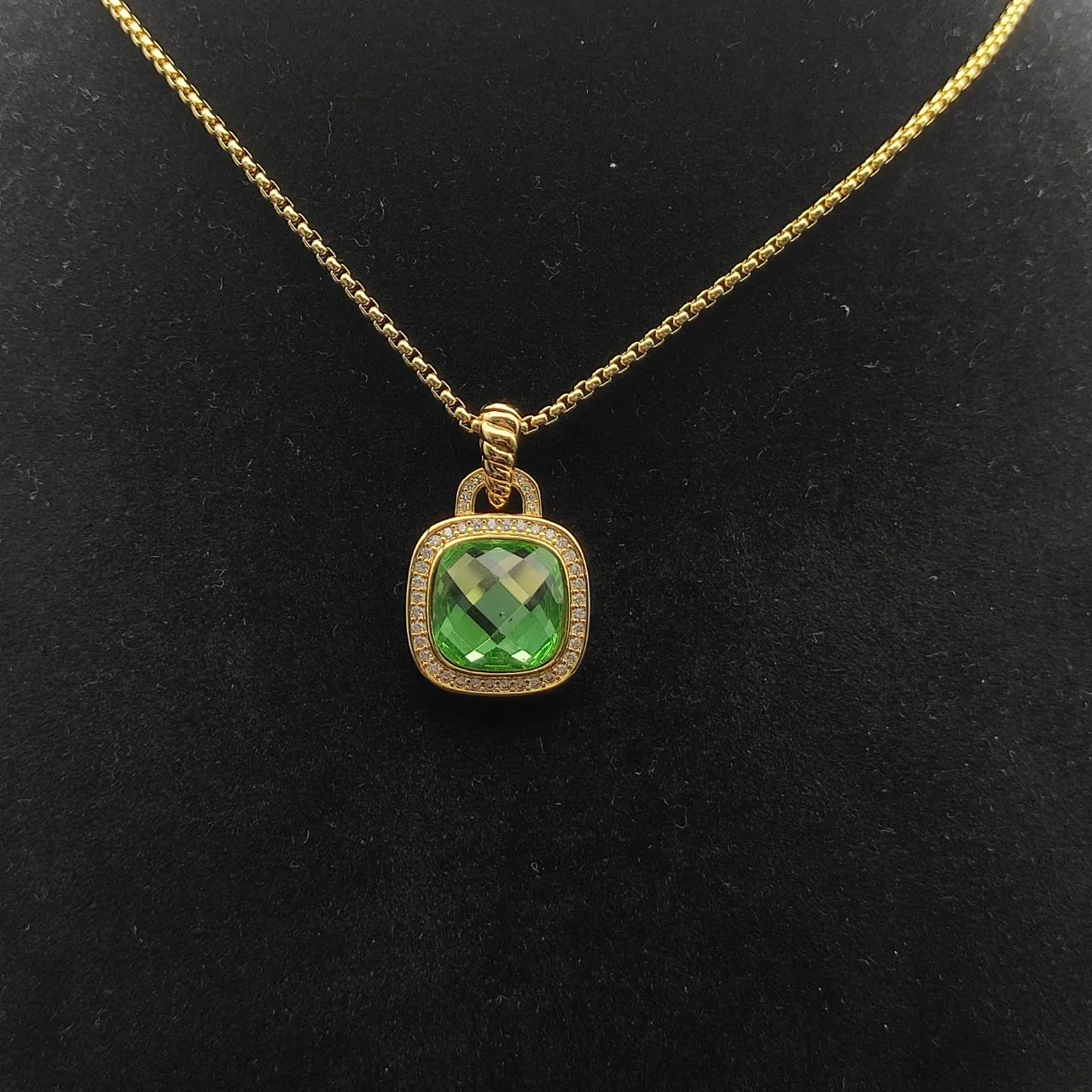 Gold-Tone Cushion-Cut Green Stone Halo Pendant Necklace 10