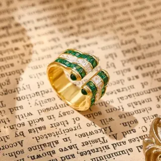 Gold-Tone Emerald and Diamond Multi-Row Open Bypass Ring