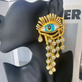 Gold-Tone Eye Motif Crystal Fringe Earring