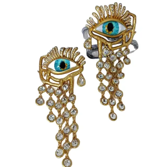 Gold-Tone Eye Motif Crystal Fringe Earring 3